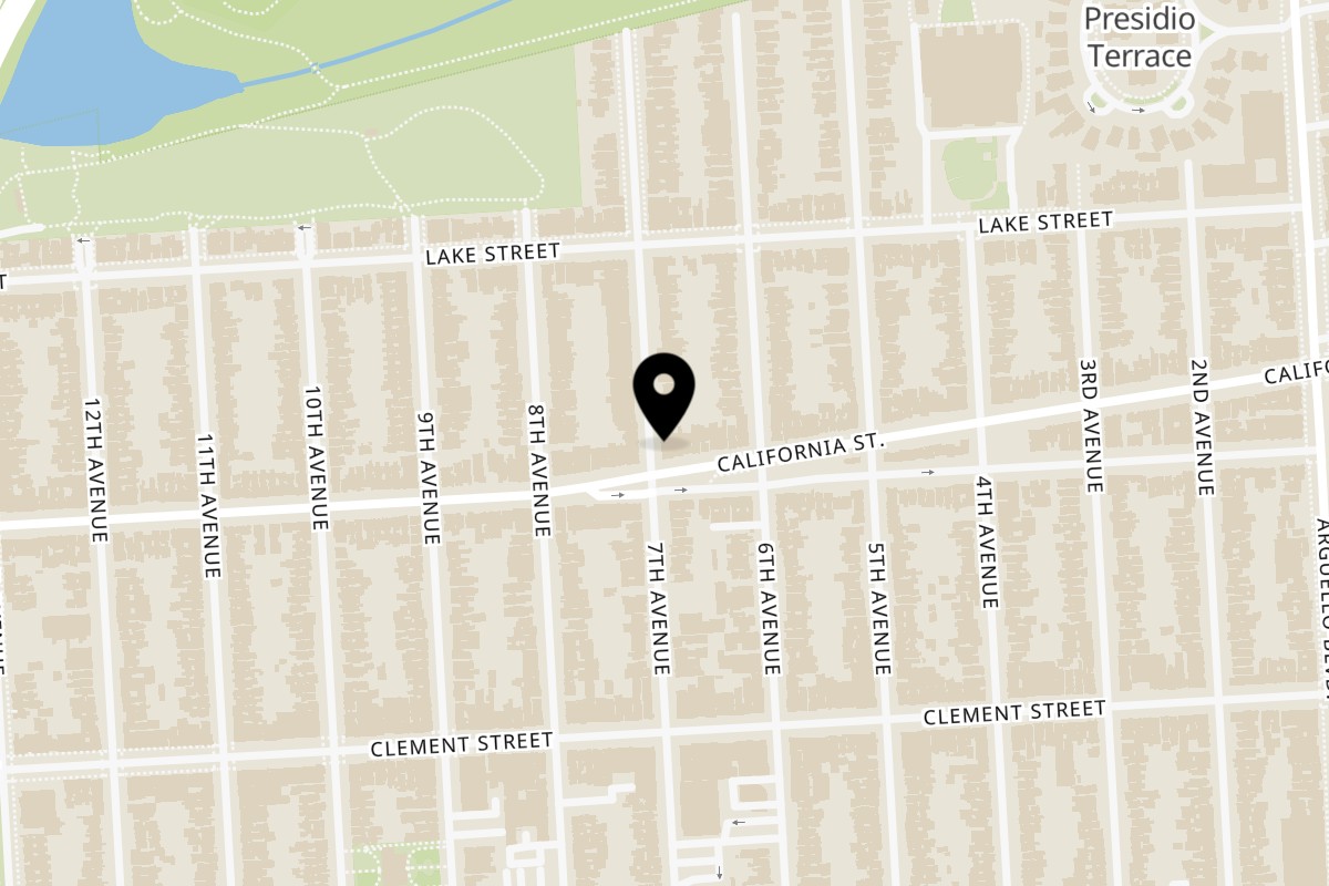 Map showing the location of Ashley's Cafe on 4454 California St in San Francisco